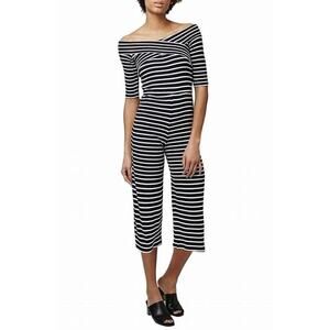 Topshop Navy White Striped Bardot Cropped Off Shoulder Jumpsuit Size 2